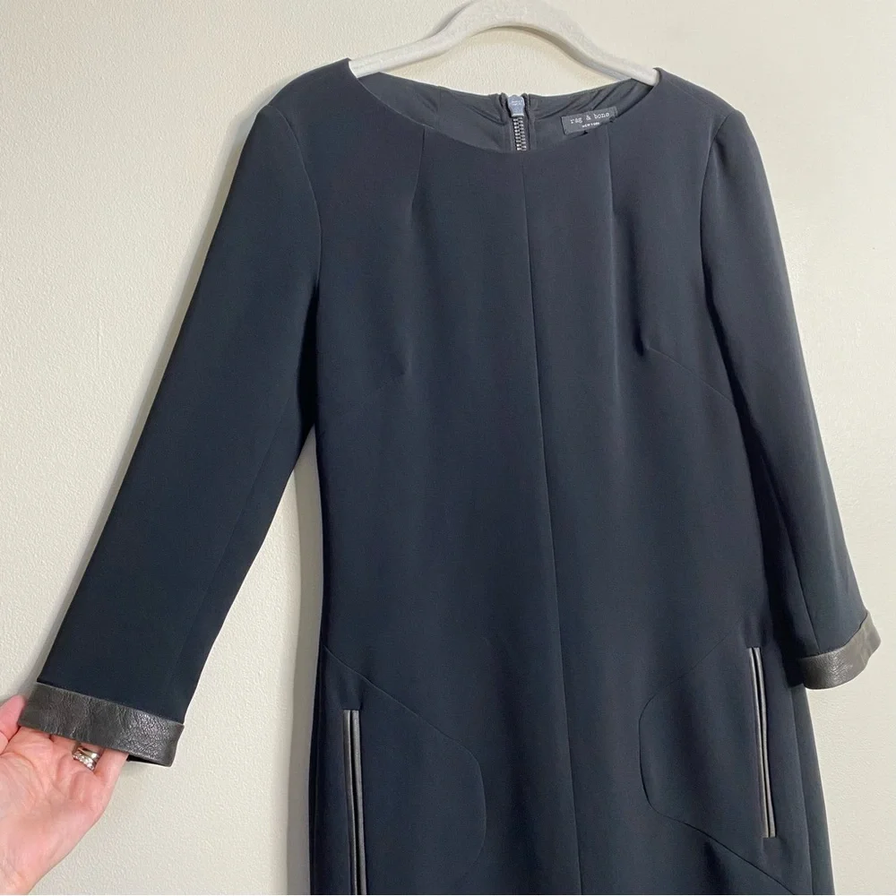 Rag & Bone Black Leather Trim Harlow Crepe Shift Dress Size 0